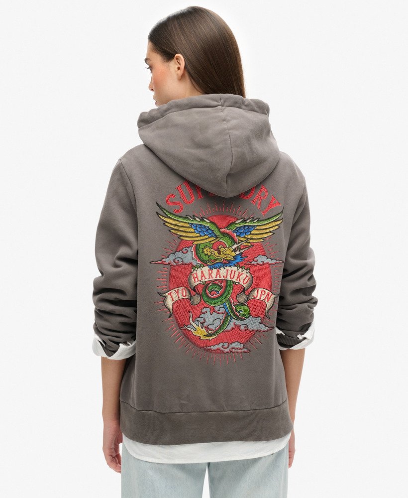 womens Tattoo Rhinestone Zip Hoodie in Charcoal Grey | Superdry US