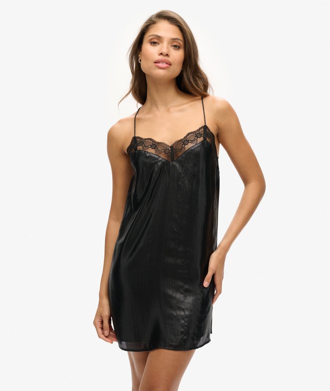 womens Lace Trim Satin Slip Mini Dress in BLACK METALIC | Superdry US