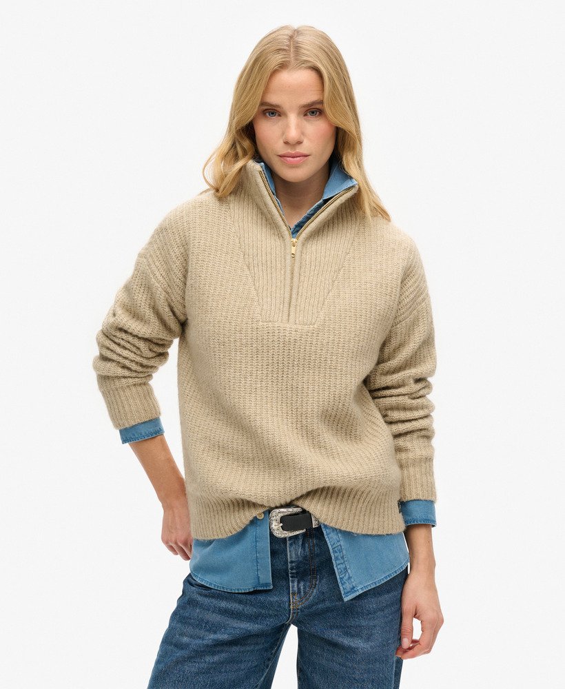 womens Essential Zip Neck Jumper in Fudge Brown | Superdry UK