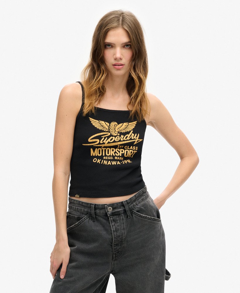womens Retro Rocker Graphic Rib Cami Top in Black | Superdry US