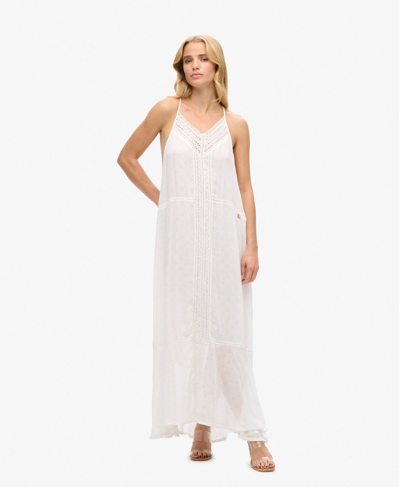 womens Lace Trim Maxi Dress in OFF WHITE | Superdry US