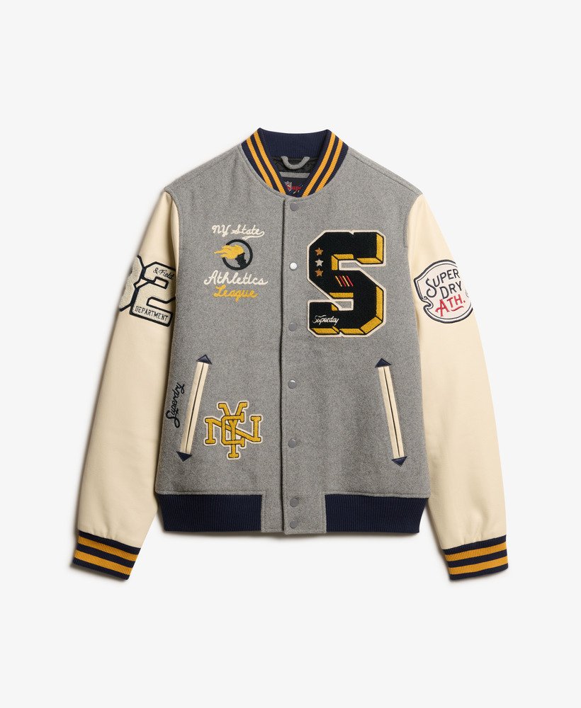 mens College Patched Bomber Jacket in GREY MARL | Superdry US