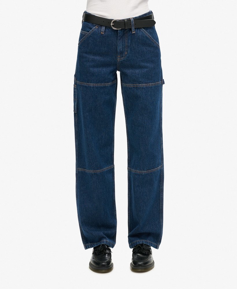 womens Organic Cotton Mid Rise Denim Carpenter Jeans in Rinse Blue