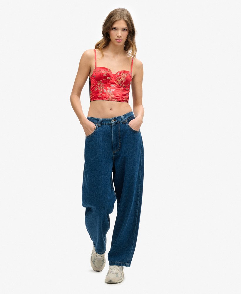 womens Satin Floral Embroidered Corset Top in Red Brocade