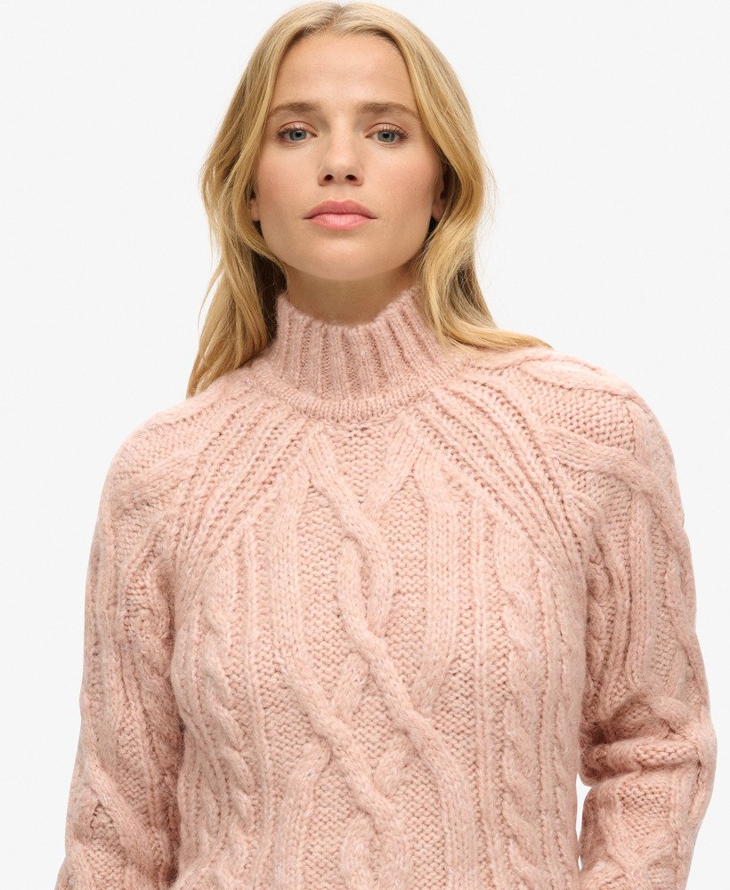 womens High Neck Cable Knit Jumper in VINTAGE BLUSH PINK MARL