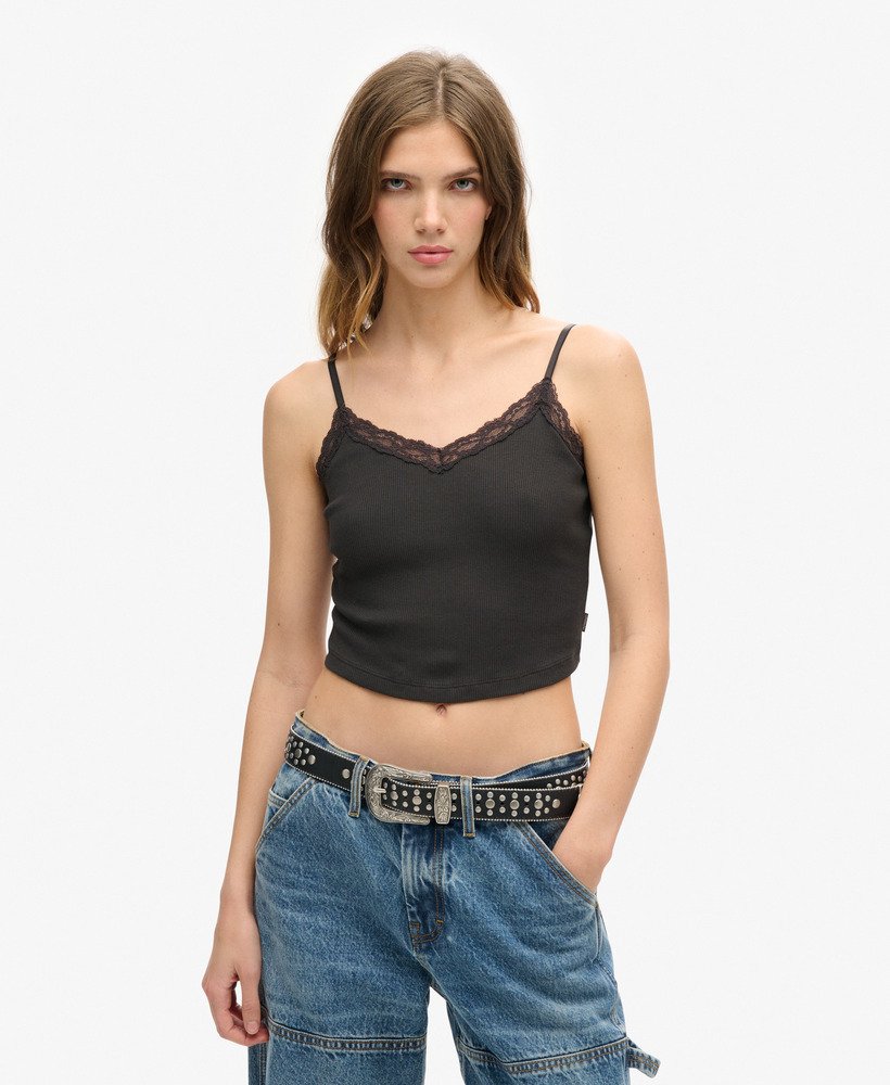 womens Athletic Essentials Lace Trim Cropped Cami Top in BISON