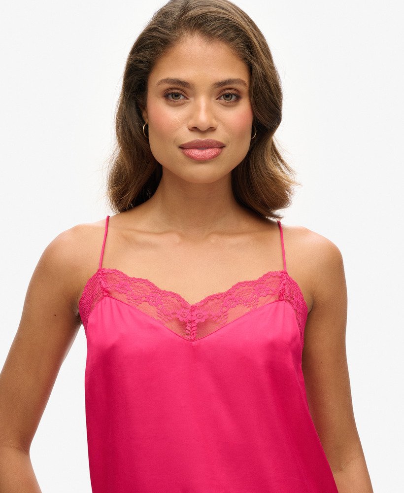 womens Lace Trim Satin Cami Top in HOT PINK | Superdry US