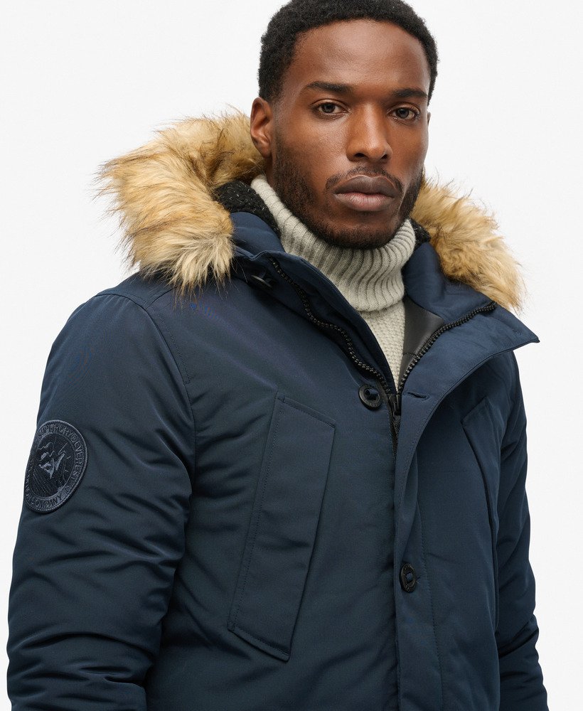 mens Hooded Everest Faux Fur Parka in Nordic Chrome Navy | Superdry US