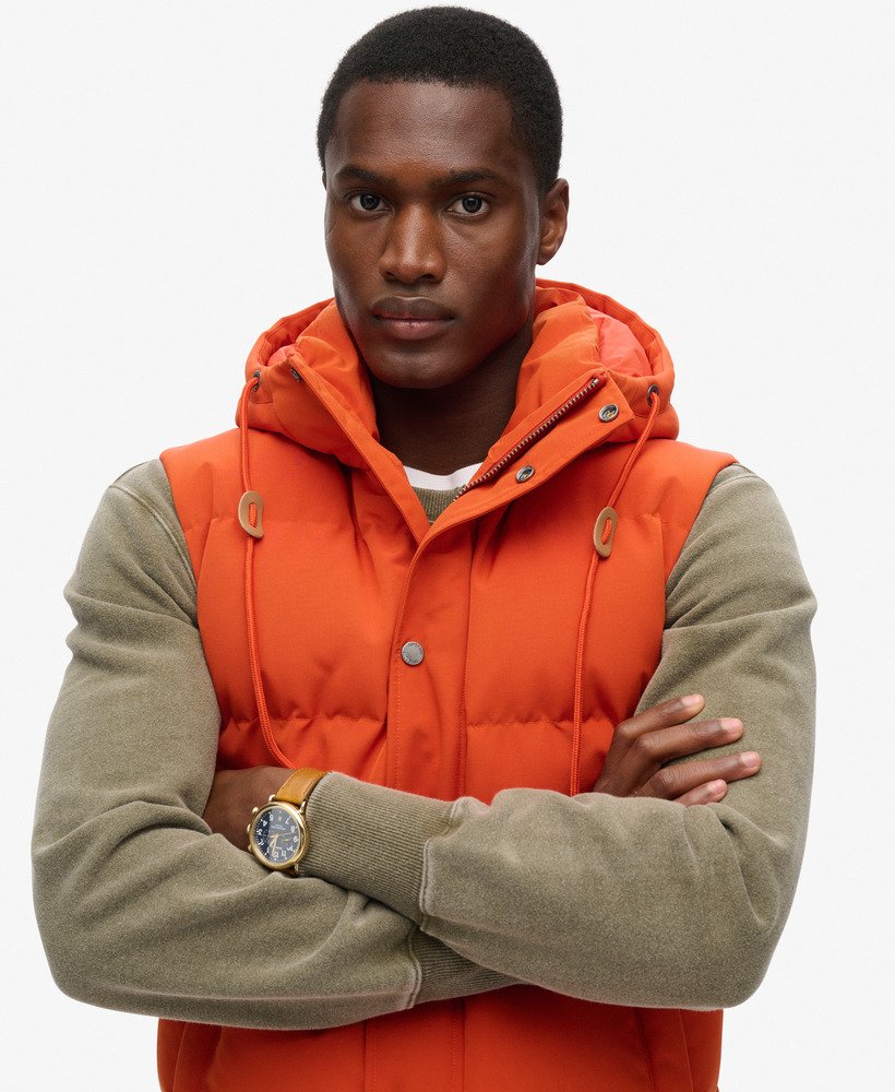 mens Everest Hooded Puffer Gilet in Pureed Pumpkin Orange
