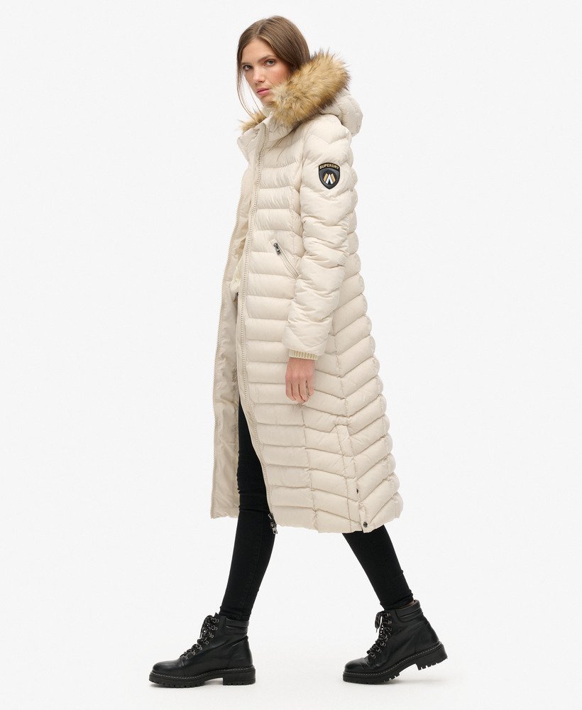 womens Fuji Faux Fur Hooded Longline Jacket in Rainy Day Grey