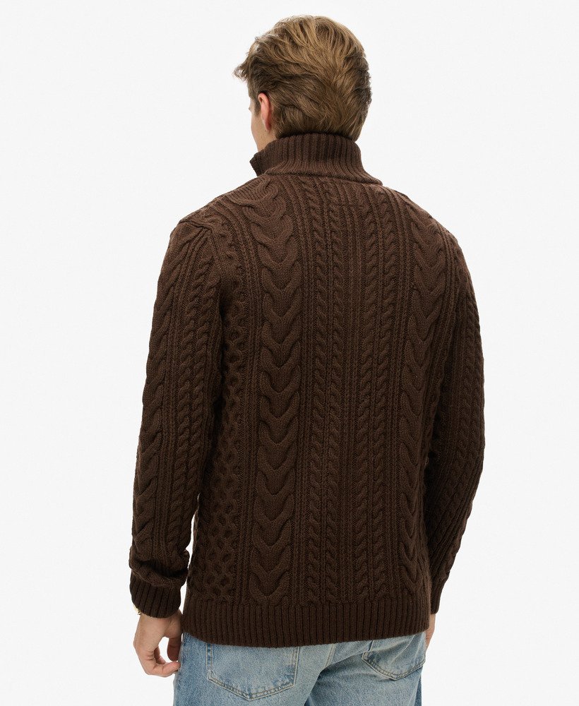 mens Vintage Jacob Cable Knit Half Zip Jumper in Toasted Chocolate