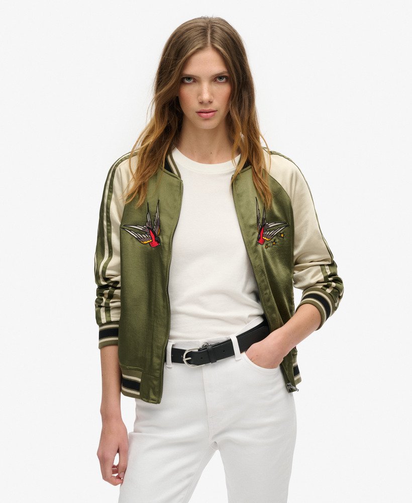 womens Suikajan Embroidered Bomber Jacket in Olive Night Green