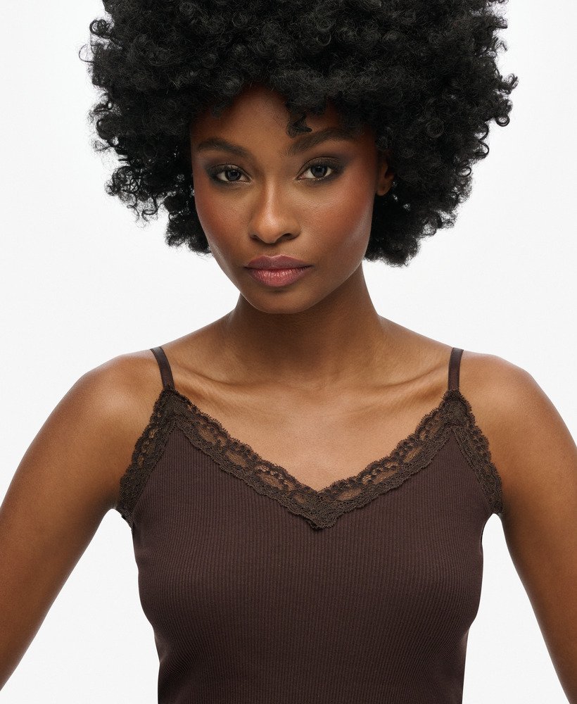 womens Organic Cotton Vintage Rib Lace Trim Cami Top in Dark