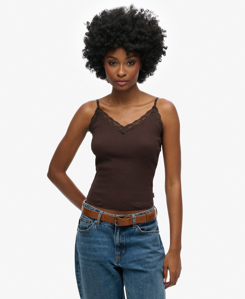 womens Organic Cotton Vintage Rib Lace Trim Cami Top in Dark