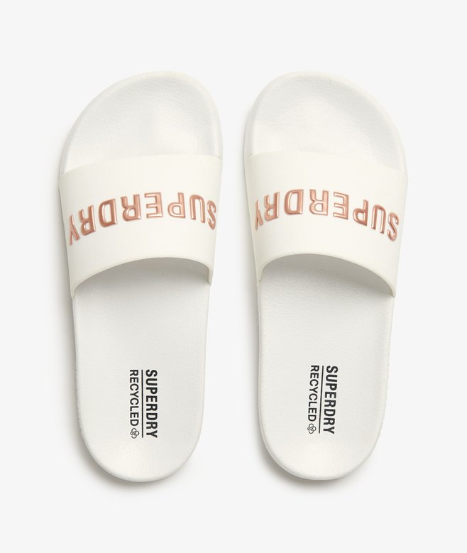 womens CODE Logo Pool Sliders in Optic/Metallic Rose Gold