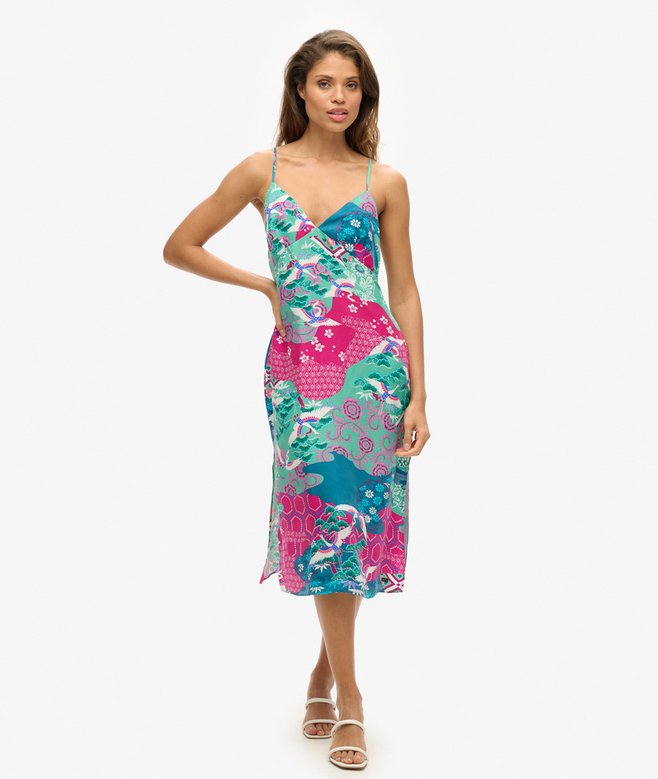 Robe caraco mi-longue imprimée à enfilernuage de cigognes magenta