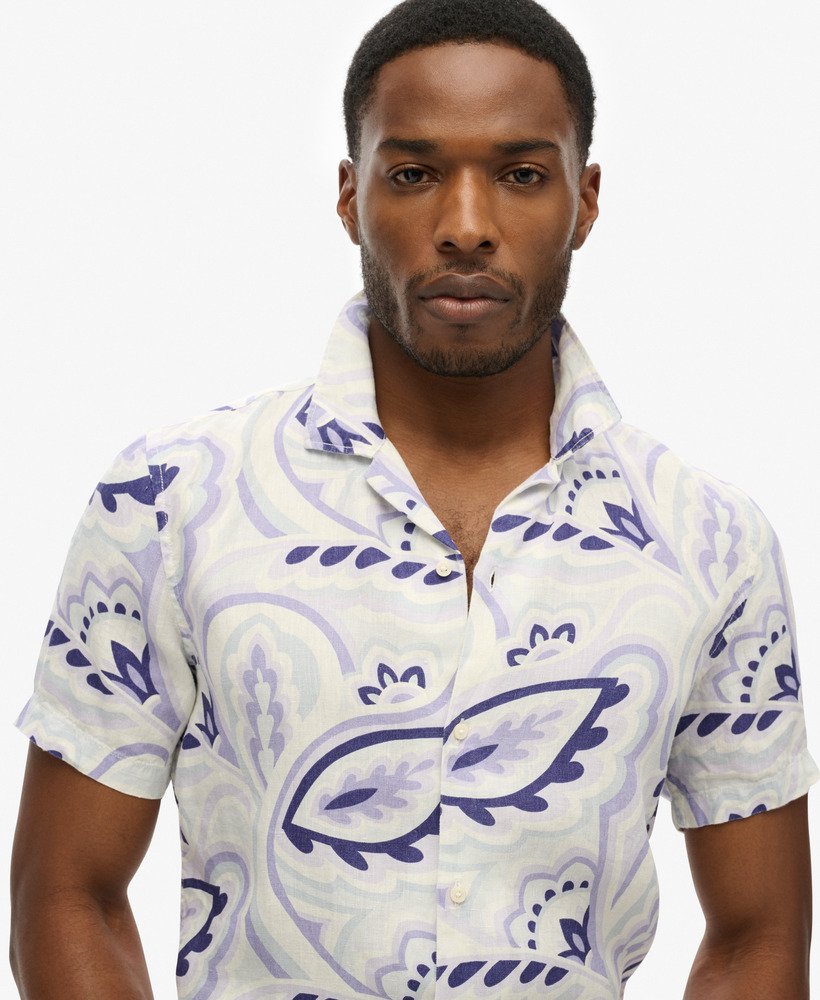 mens Open Collar Printed Linen Shirt in LAUREL GREY PRINT