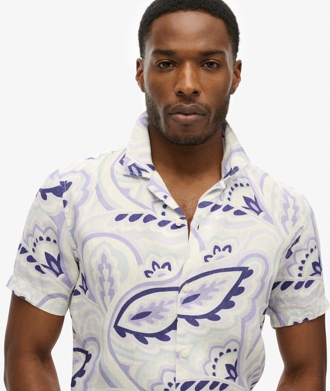 Open Collar Printed Linen Shirt