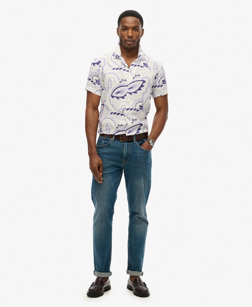 mens Open Collar Printed Linen Shirt in LAUREL GREY PRINT