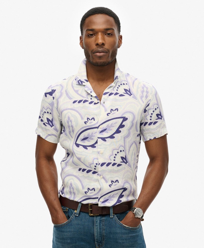 mens Open Collar Printed Linen Shirt in LAUREL GREY PRINT