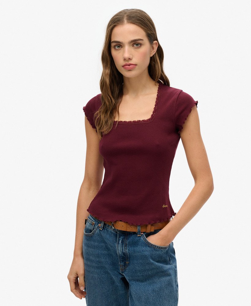 womens Essential Square Neck Short Sleeve T-Shirt in Port Red