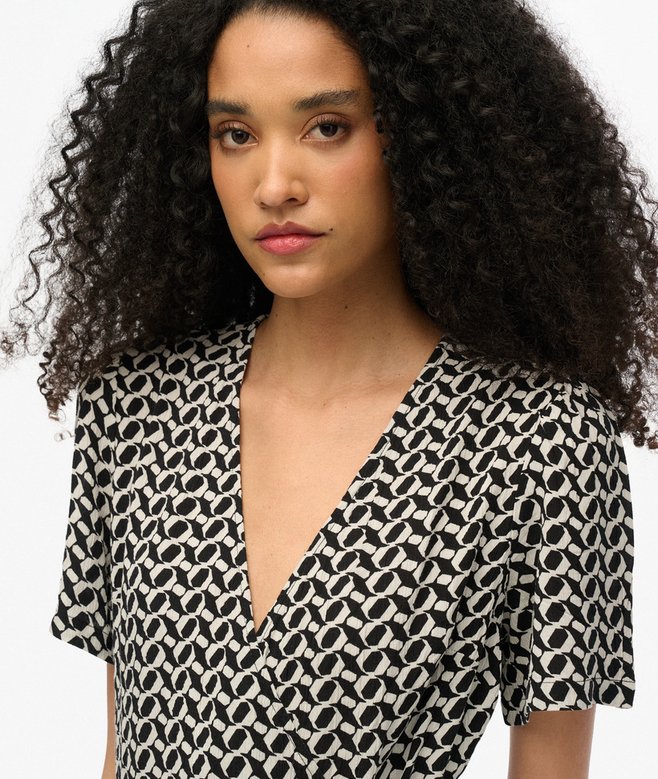 Short Sleeve Printed Mini Wrap Dress