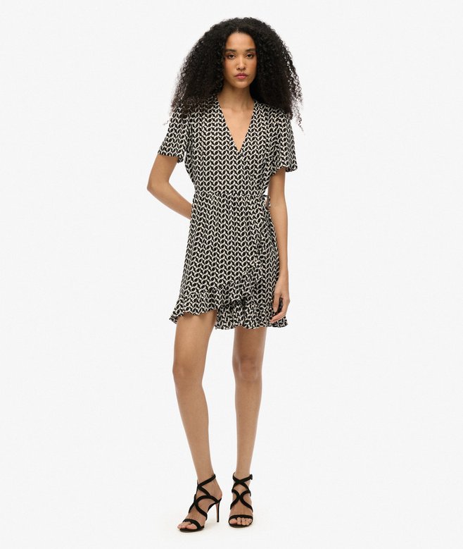 Short Sleeve Printed Mini Wrap Dress