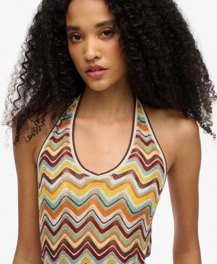 womens Zig Zag Knit Plunge Halter Top in Mint Zigzag Stripe