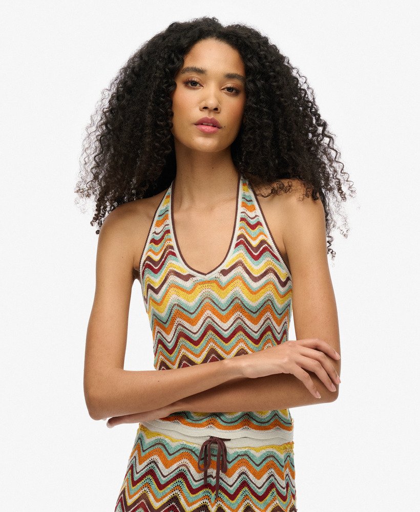 womens Zig Zag Knit Plunge Halter Top in Mint Zigzag Stripe