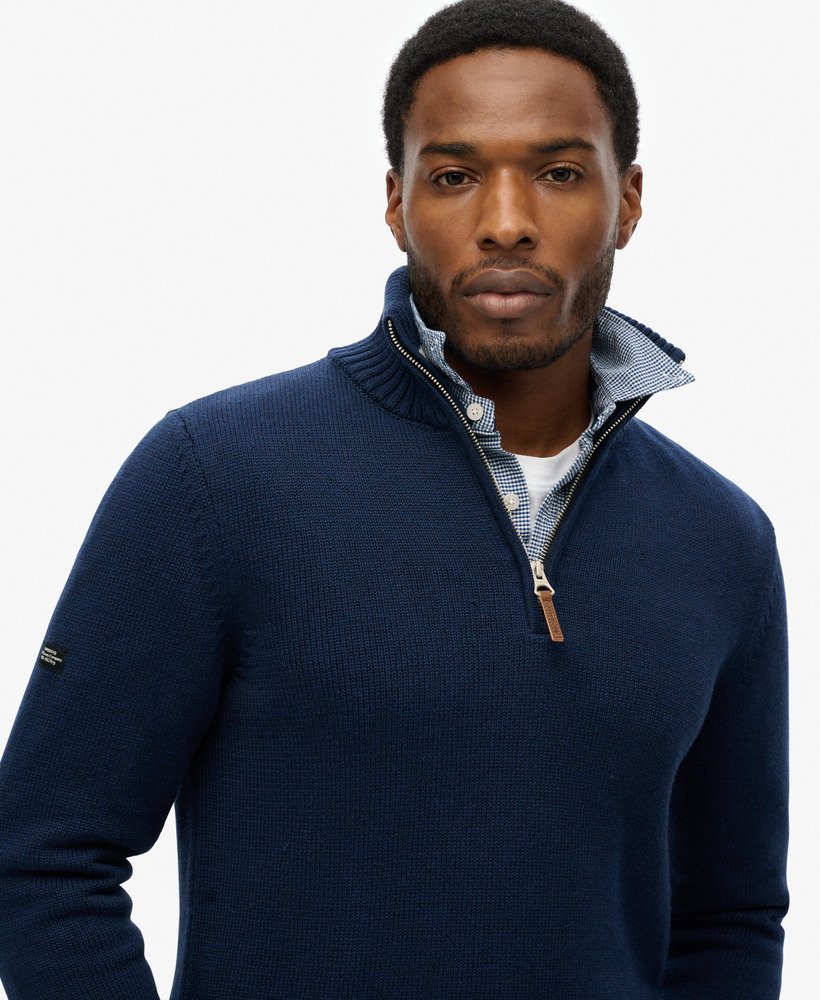 mens Cotton Classics Half-Zip Knitted Jumper in Indigo Blue Marl