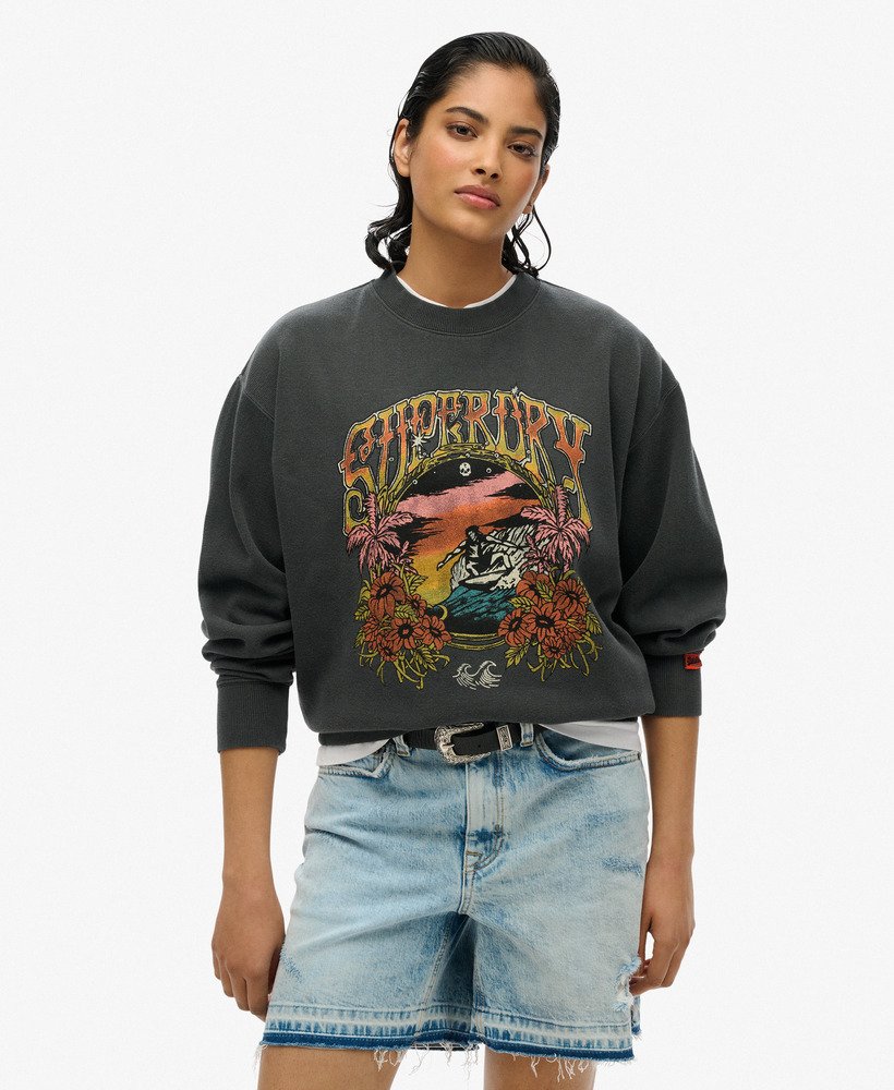 Dames Psych Surf Loose sweatshirt met ronde hals in washed black | Superdry  NL