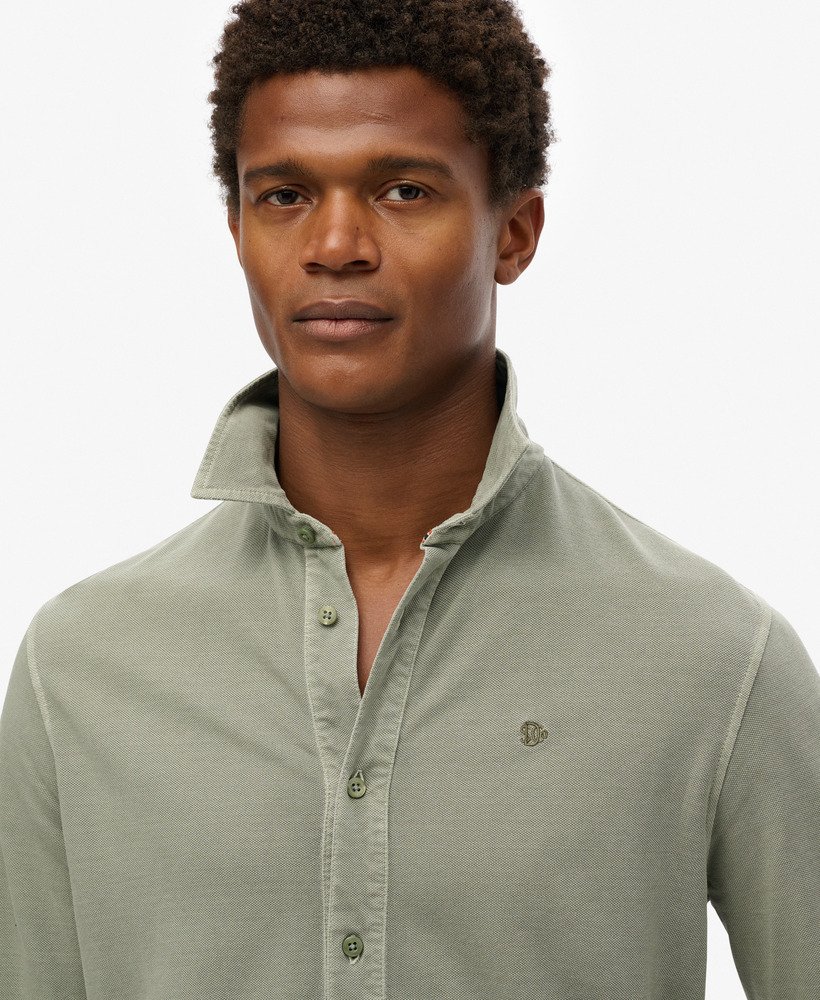 mens Vintage Destroy Pique Long Sleeve Shirt in Light Khaki Green