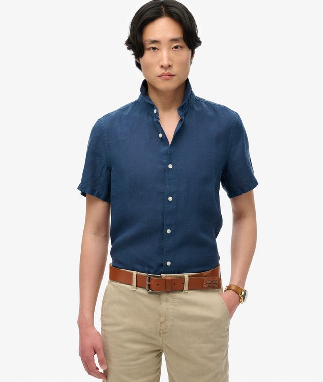 Mens Navy Linen Short Sleeve Shirt With Pockets Peter Pan Collar Lightweight Everyday Summer Wear main image 1