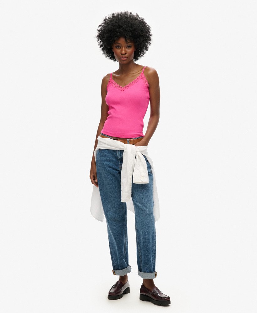 womens Organic Cotton Essential Rib Lace Cami Top in Sweet Fuchsia