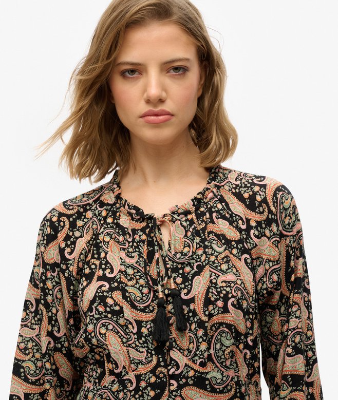 womens Printed Long Sleeve Midi Dress in Boho Paisley Border Black |  Superdry UK