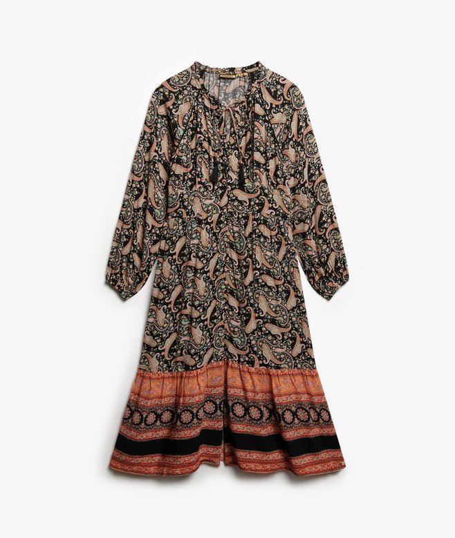 womens Printed Long Sleeve Midi Dress in Boho Paisley Border Black |  Superdry UK