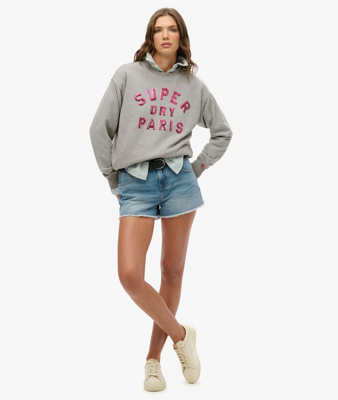 Embellished Varsity Loose Crew Sweatshirt