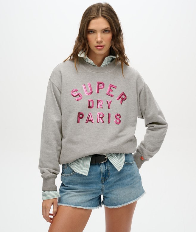 Embellished Varsity Loose Crew Sweatshirt