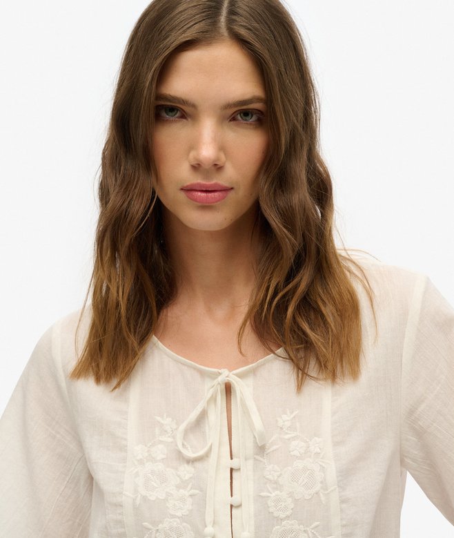 Short Sleeve Embroidered Button Top