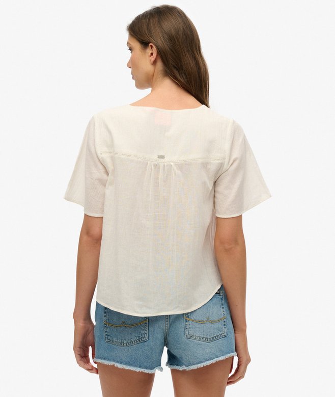 Short Sleeve Embroidered Button Top