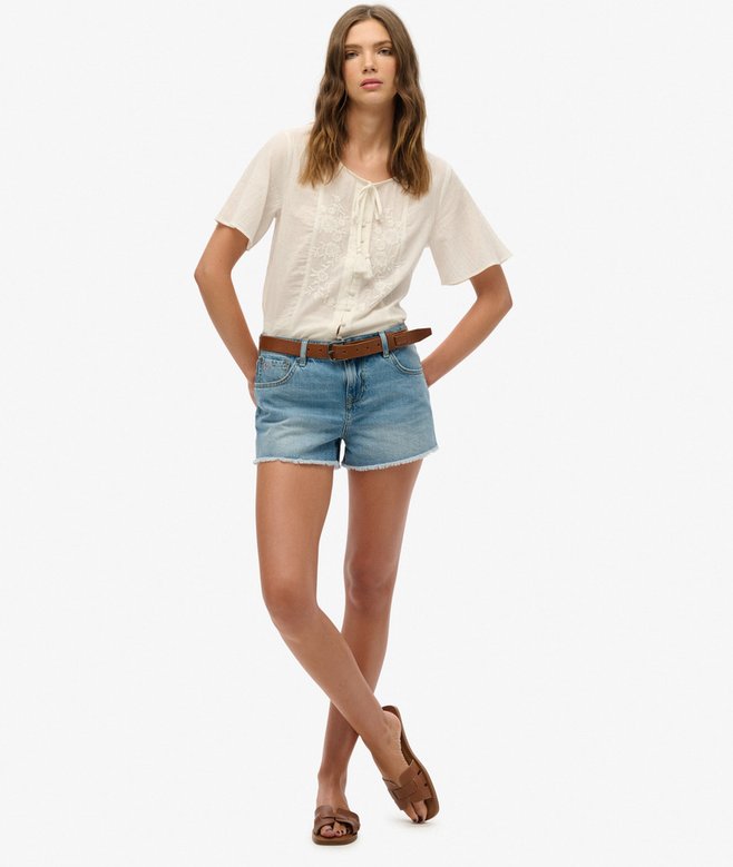 Short Sleeve Embroidered Button Top