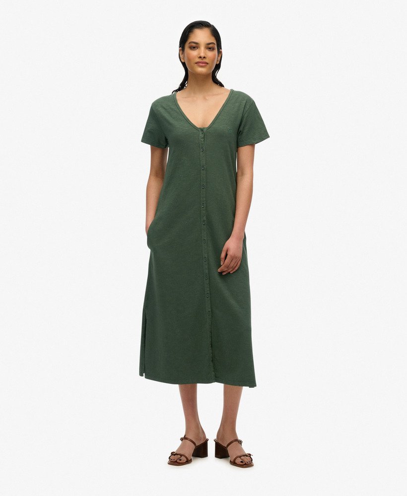 womens Short Sleeve Button Through Jersey Midi Dress in Duffel Bag Green |  Superdry US