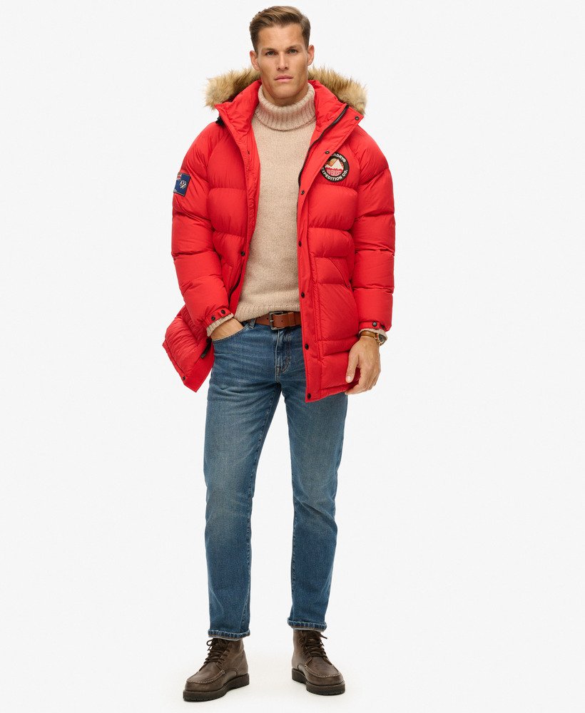 mens Everest Longline Baffled Parka Jacket in Heritage Red