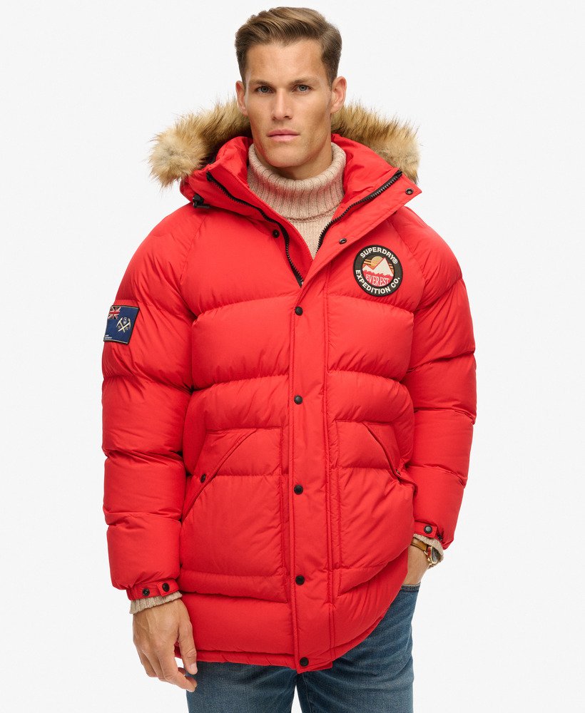 mens Everest Longline Baffled Parka Jacket in Heritage Red