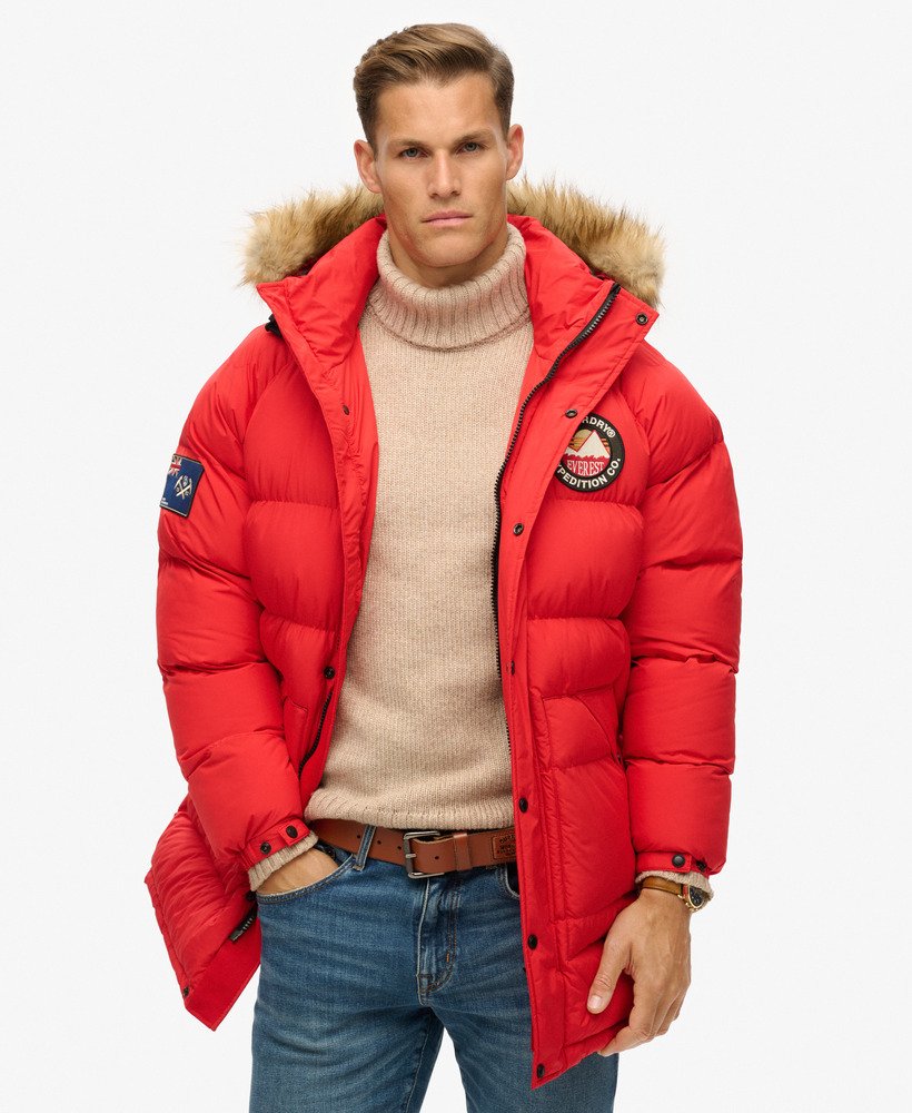 mens Everest Longline Baffled Parka Jacket in Heritage Red