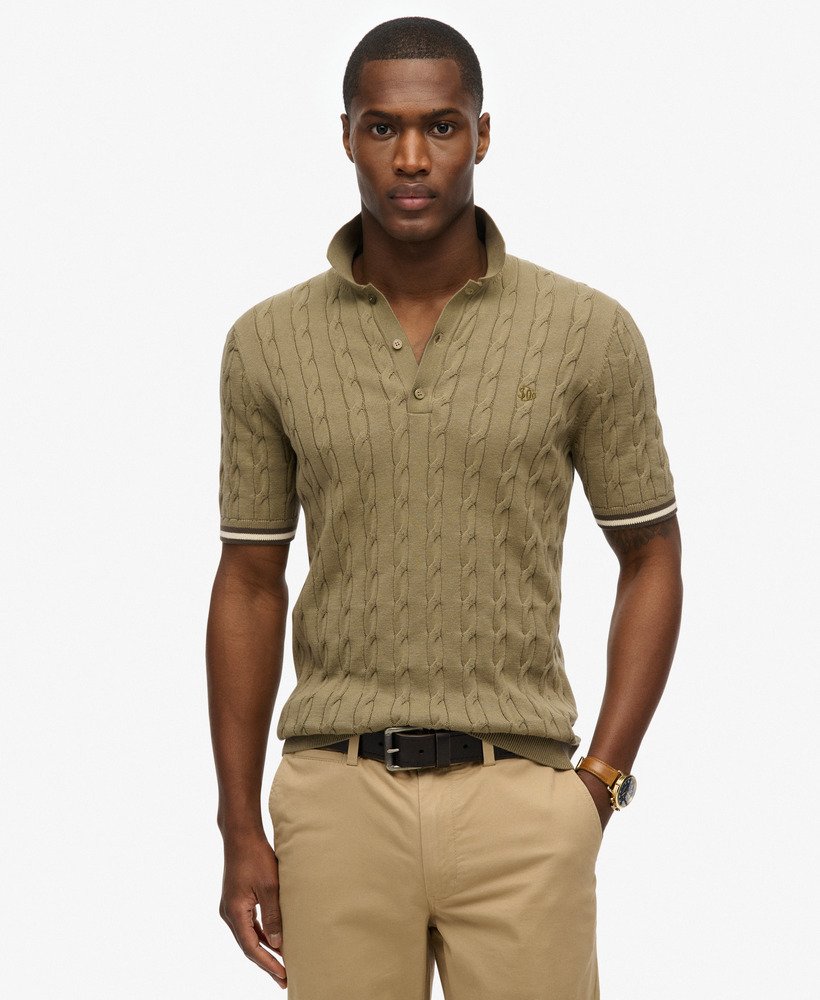mens Knitted Texture Short Sleeve Polo Shirt in Artichoke Green
