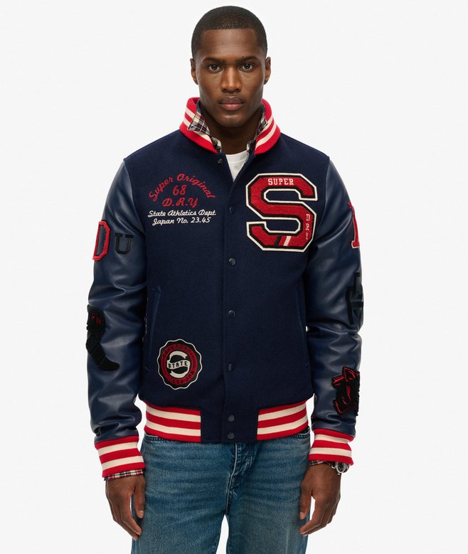 Mens Bomber Encrusted Varsity Plush Navy Jacket main image 1