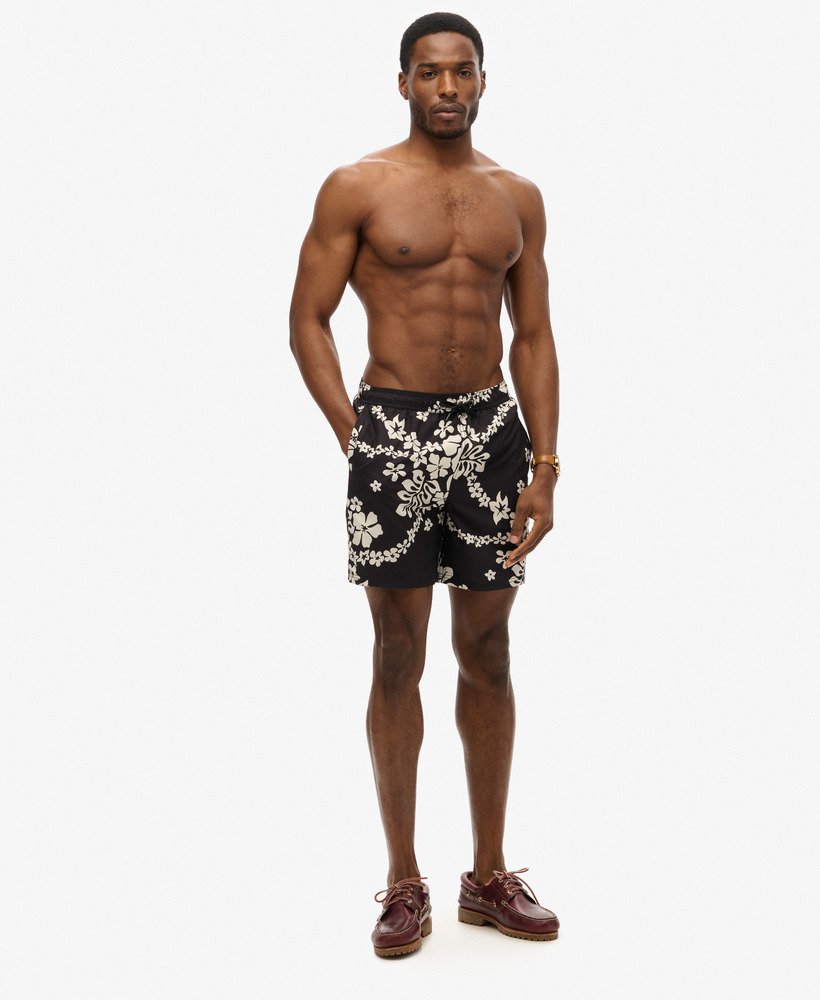 mens Recycled Hawaiian Print 17-inch Swim Shorts in Surf School