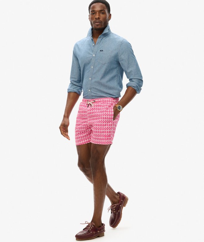 mens Printed 15-inch Recycled Swim Shorts in Pink Geo Print