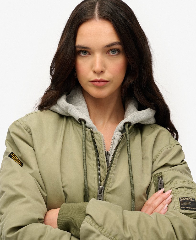 womens Oversized Military MA1 Bomber Jacket in Washed Olive Green